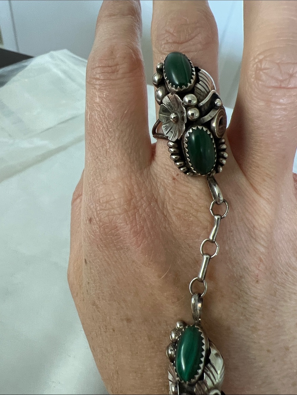 Sterling Silver Malachite Stone ring hand Chain Bracelet - Picture 4 of 7